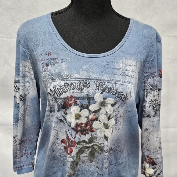 Dress Barn Vintage Roses Floral Embellished 100% Cotton Pullover Top Sz 1X - Picture 2 of 7